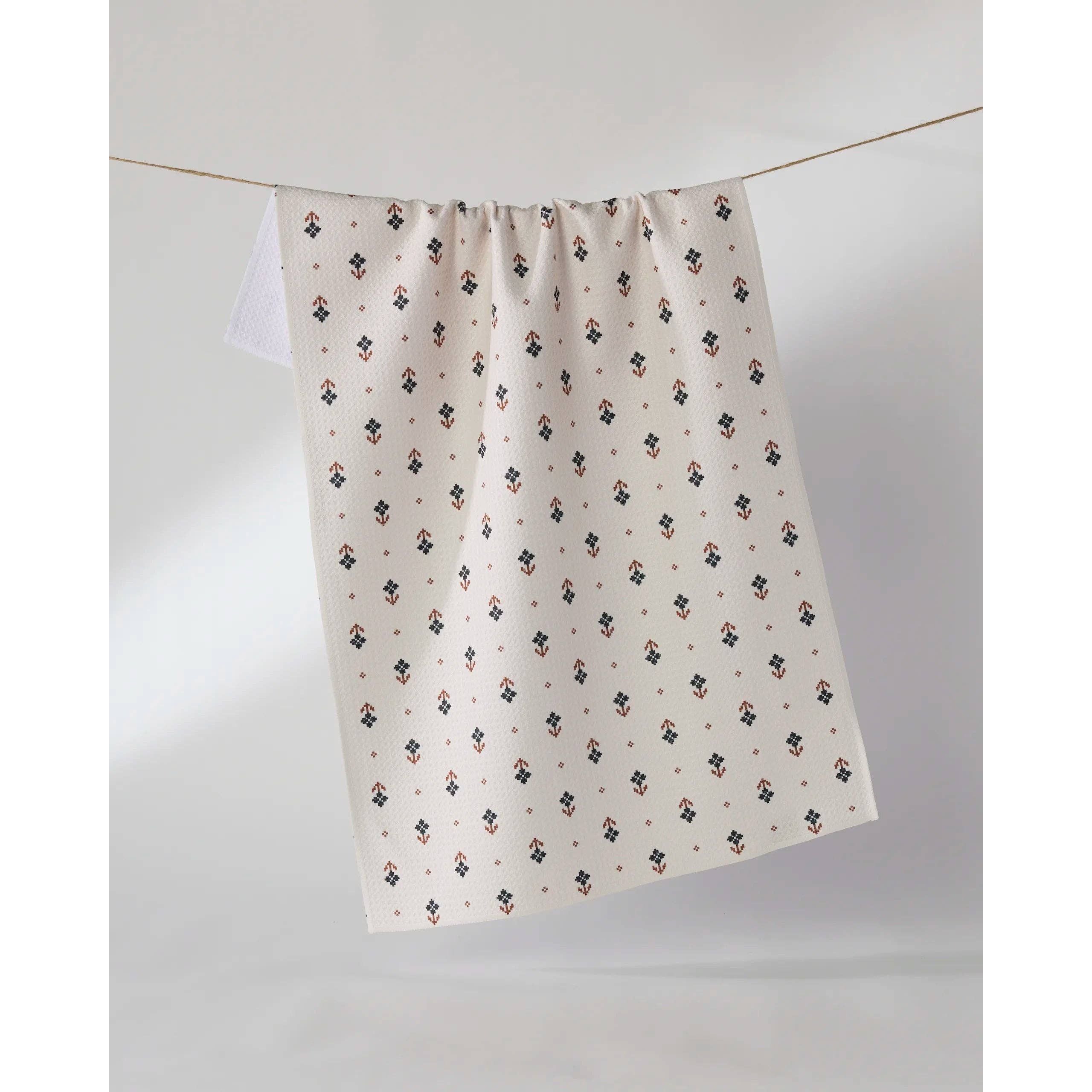 Folk Pixel White Geometry Tea Towel