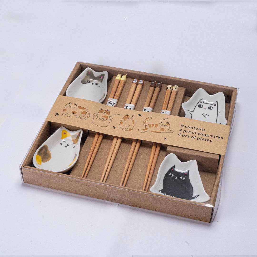 Cute Cats Wooden Chopsticks and Sauce Dish Gift Set - Image 4
