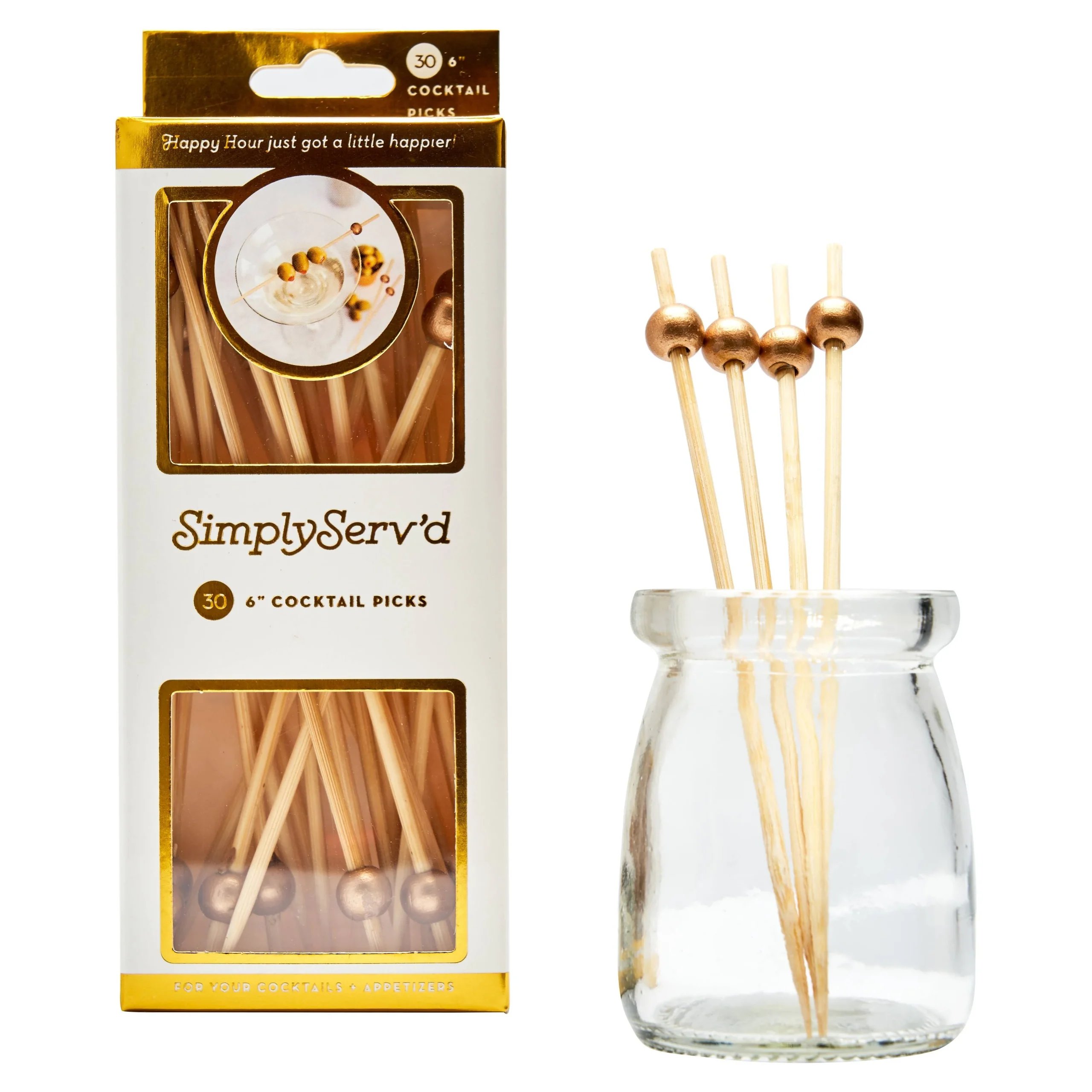 Party Pick Fancy Bamboo Toothpick Large 6 Gold Ball 30pk