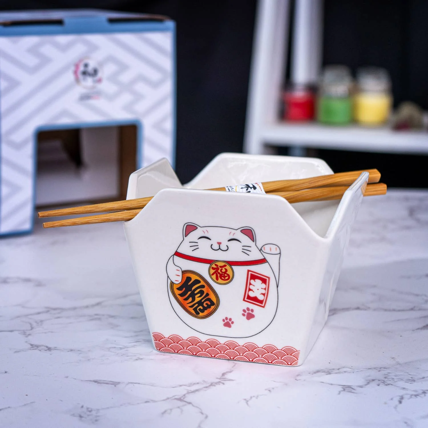 Lucky Cat Takeout Box Serving Bowl With Chopsticks - Image 5