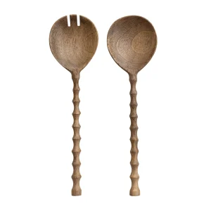 Mango Wood Salad Servers with Carved Handles. Natural. Set of 2