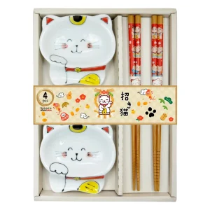 Lucky Cats 2 Pair Wooden Chopsticks and Small Dish Gift Set