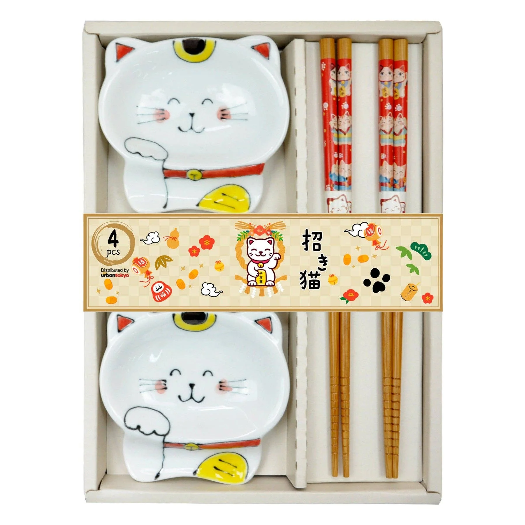 Lucky Cats 2 Pair Wooden Chopsticks and Small Dish Gift Set