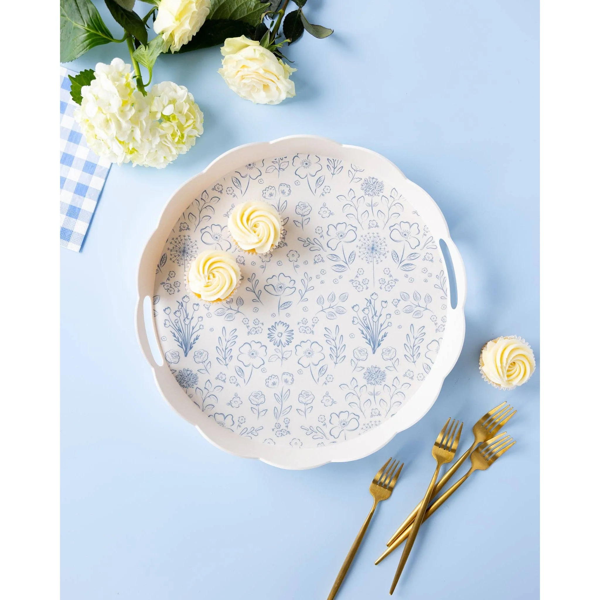 Round Scalloped Floral Bamboo Tray - Image 2