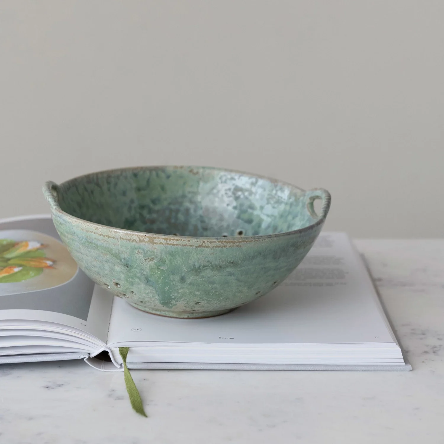 Stoneware Berry Bowl w/ Handles. Aqua (Each One Will Vary) - Image 4