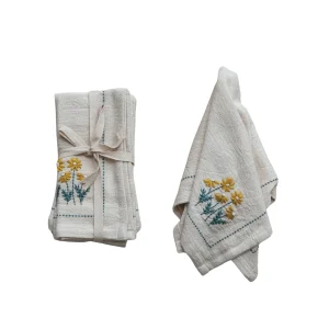 Cotton Napkins w/ Hand-Embroidery. Flowers & French Knots. Set of 4