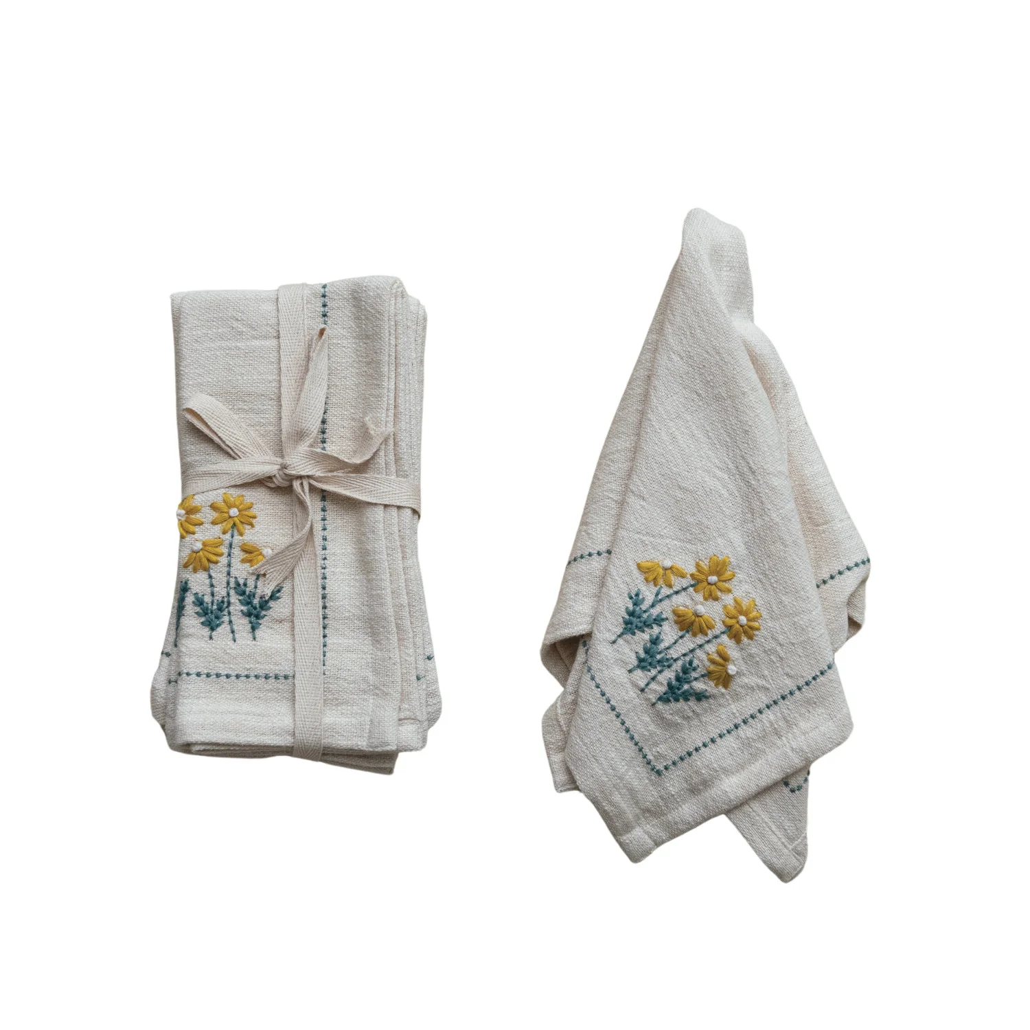 Cotton Napkins w/ Hand-Embroidery. Flowers & French Knots. Set of 4