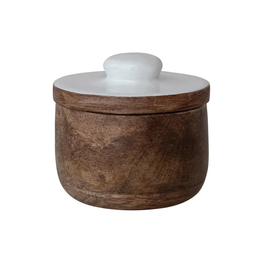 Mango Wood Pinch Pot w/ Enameled Lid. Natural & White