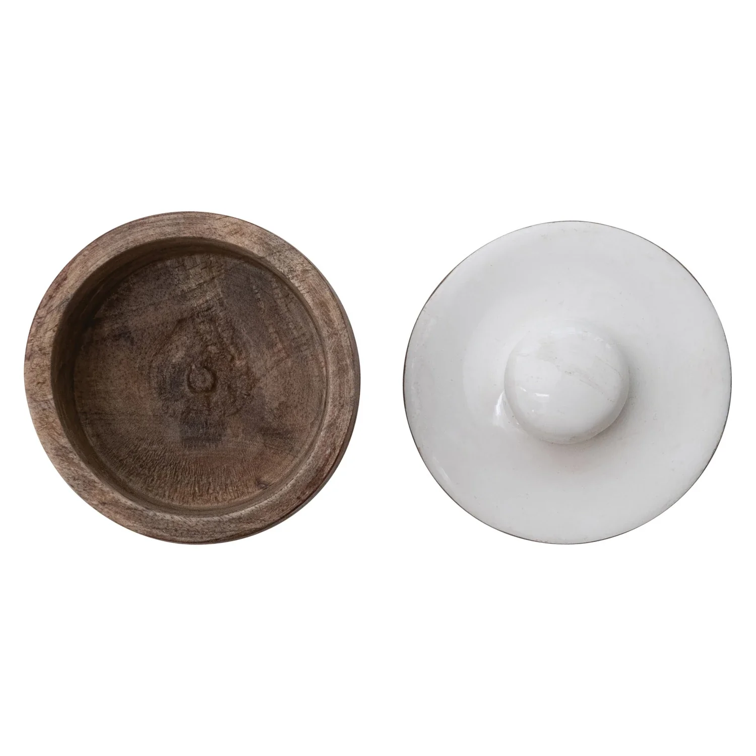 Mango Wood Pinch Pot w/ Enameled Lid. Natural & White - Image 6