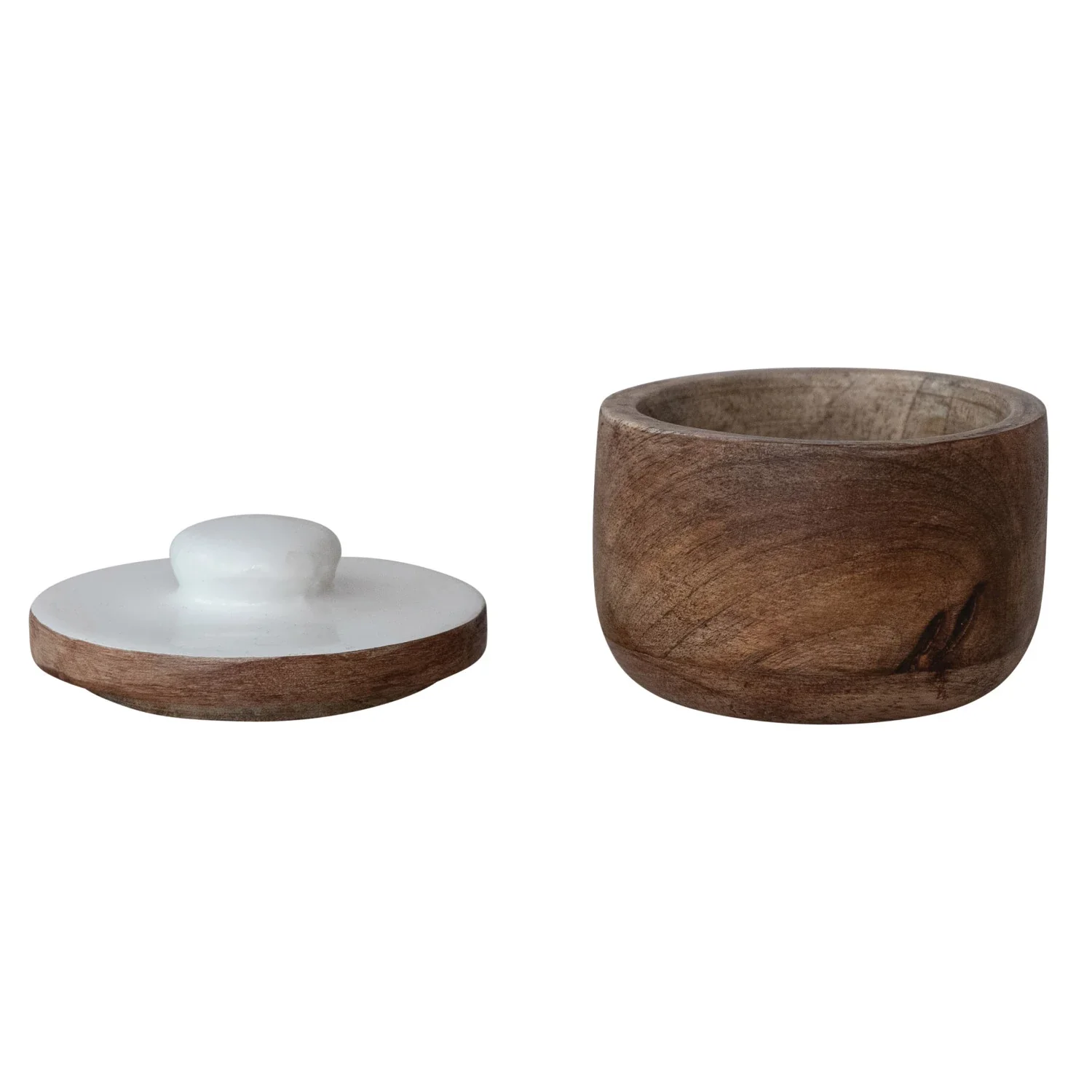 Mango Wood Pinch Pot w/ Enameled Lid. Natural & White - Image 5