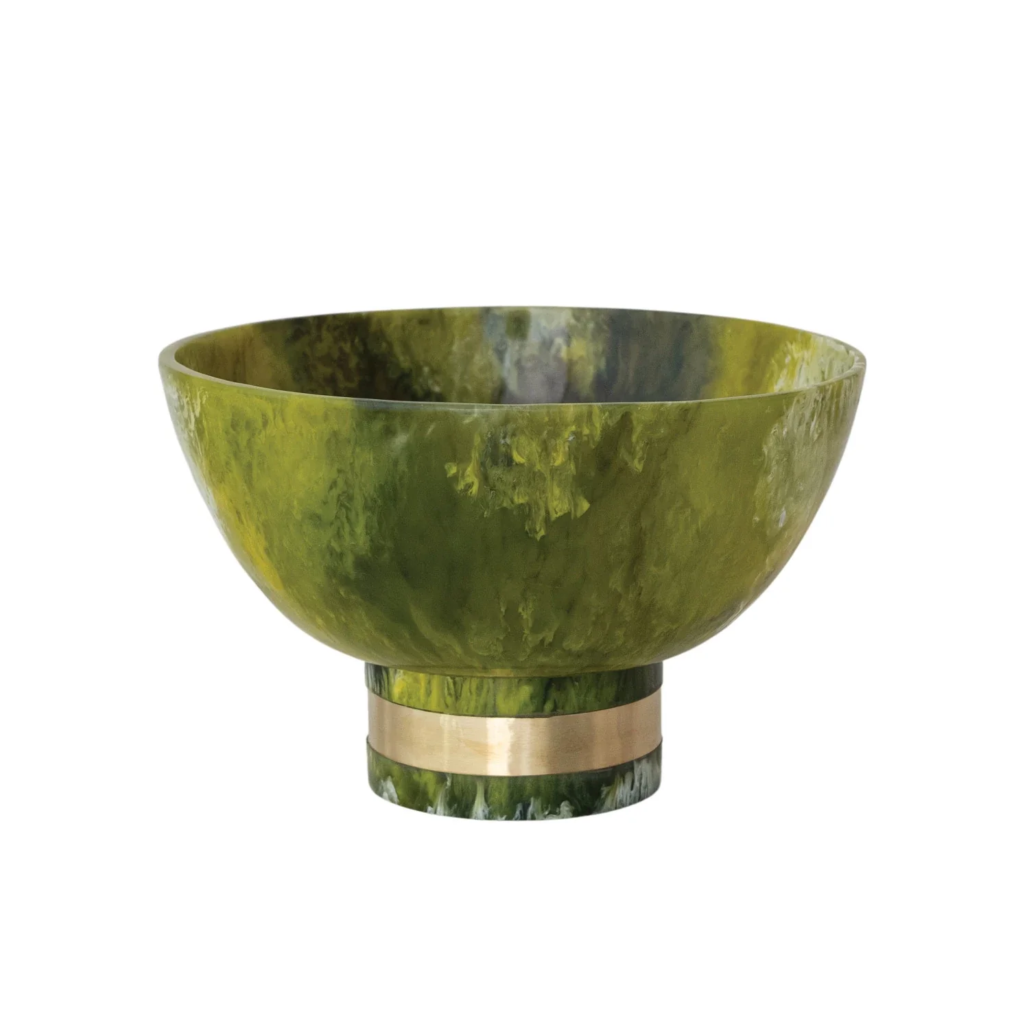 Marbled Resin Footed Bowl with Metal Wrap. Olive Color