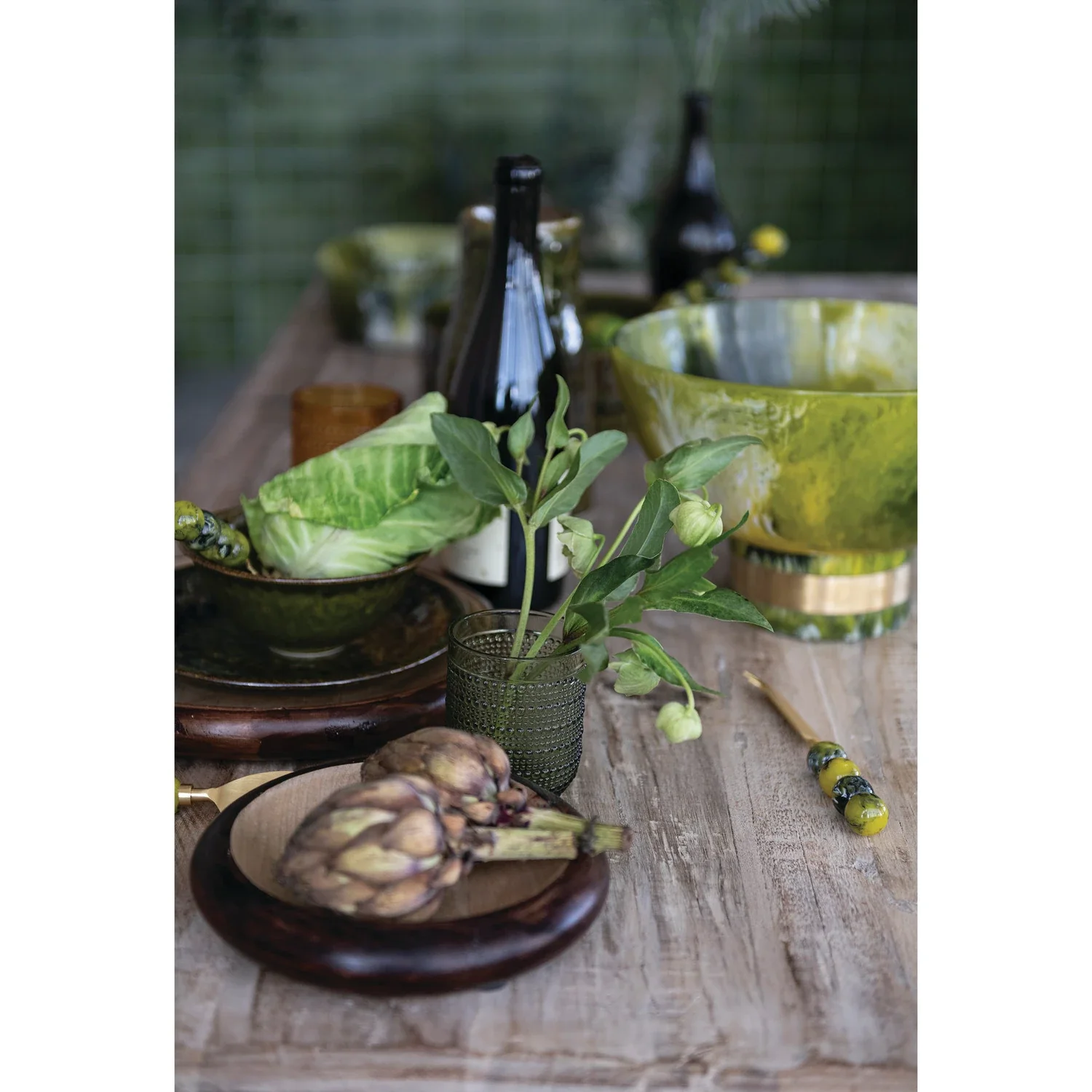 Marbled Resin Footed Bowl with Metal Wrap. Olive Color - Image 3