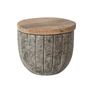 Carved Marble Container with Mango Wood Lid. Brown & Natural