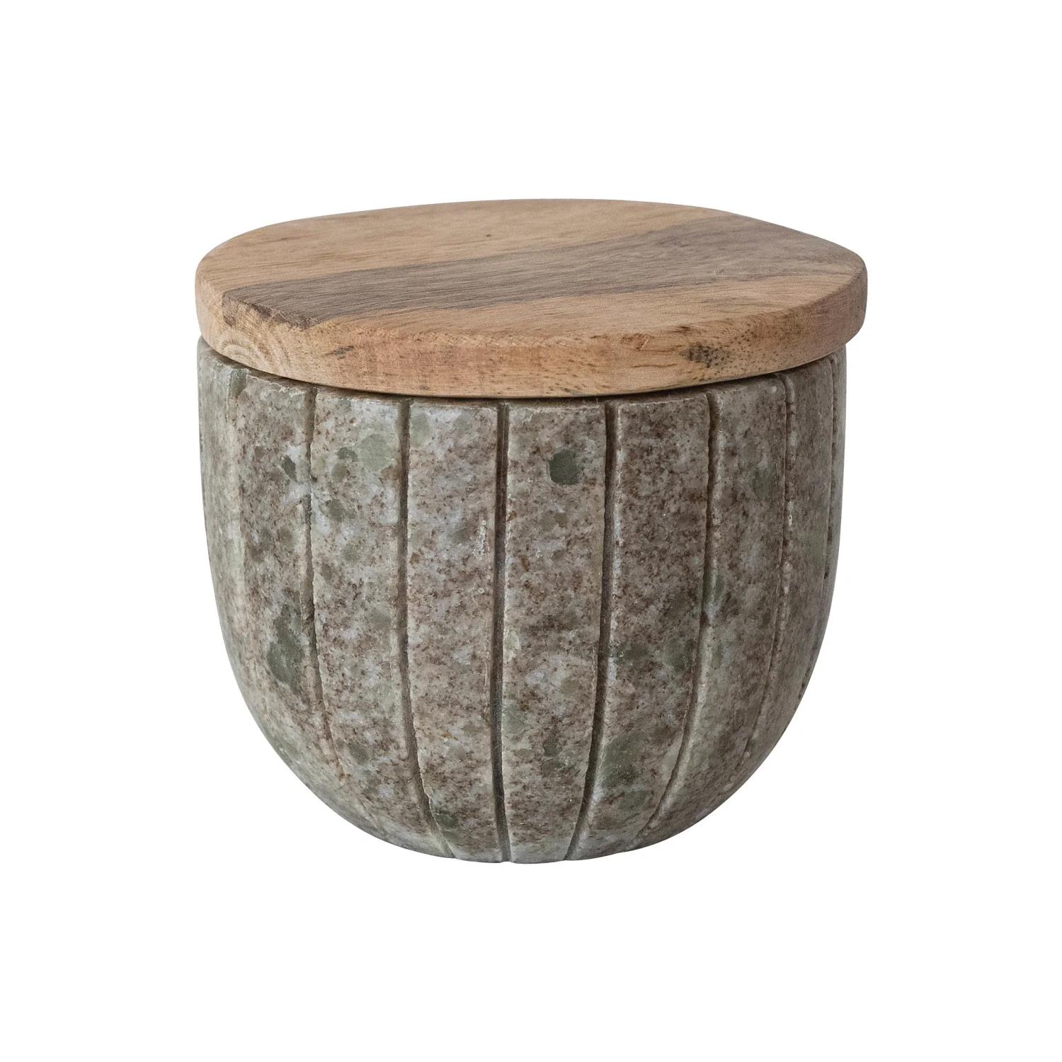 Carved Marble Container with Mango Wood Lid. Brown & Natural