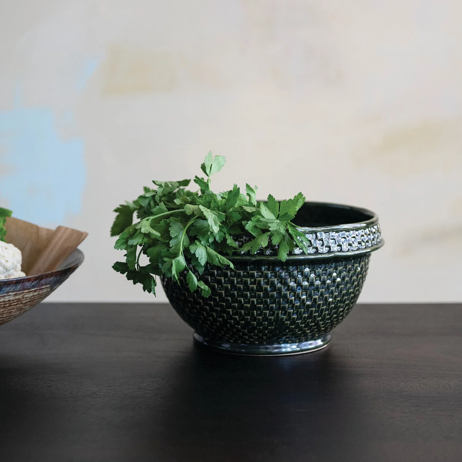 Basket Weave Green Glaze Stoneware Bowl - Image 4
