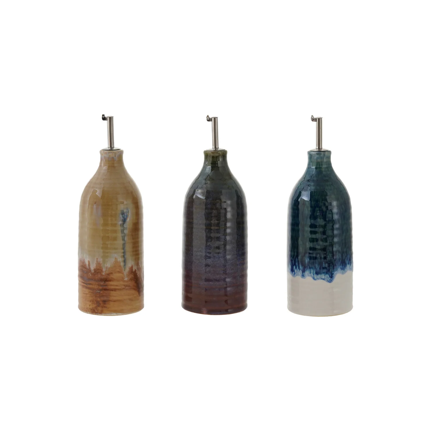 Reactive Glaze Stoneware Oil Cruet with Stainless Steel Spout. 3 Styles