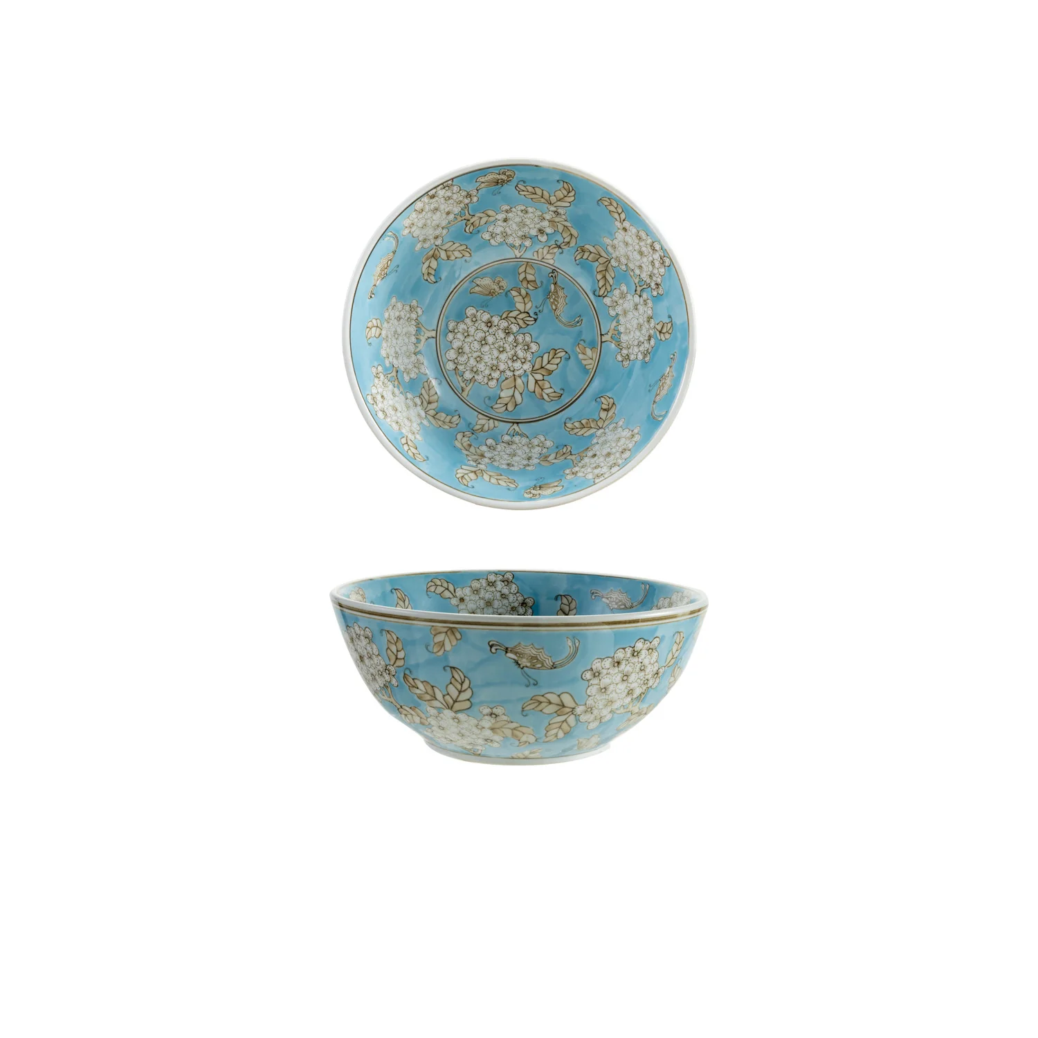 Hand-Painted Stoneware Serving Bowl with Cherry Blossoms. Blue. Brown & White