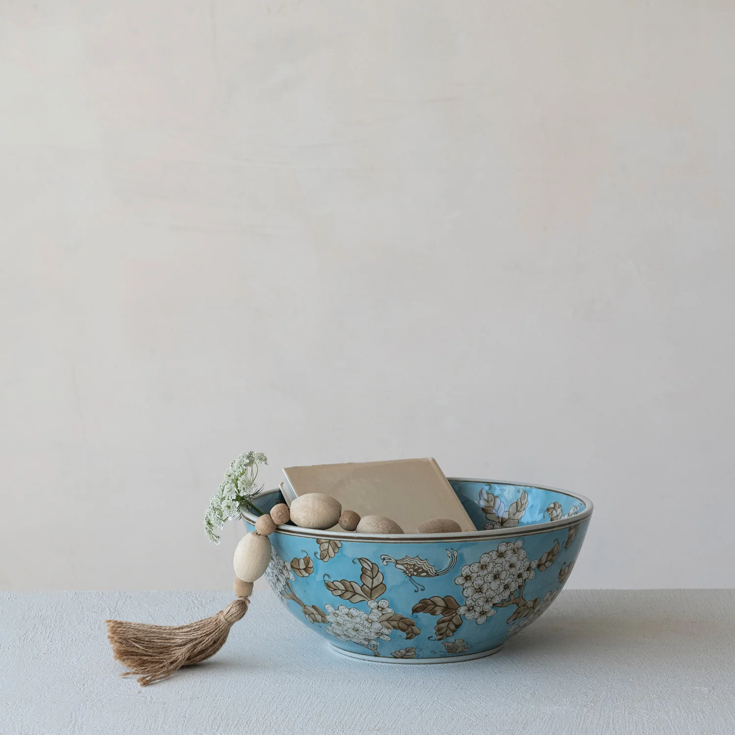 Hand-Painted Stoneware Serving Bowl with Cherry Blossoms. Blue. Brown & White - Image 4