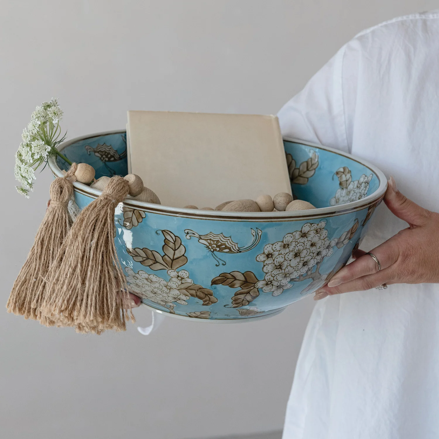Hand-Painted Stoneware Serving Bowl with Cherry Blossoms. Blue. Brown & White - Image 3