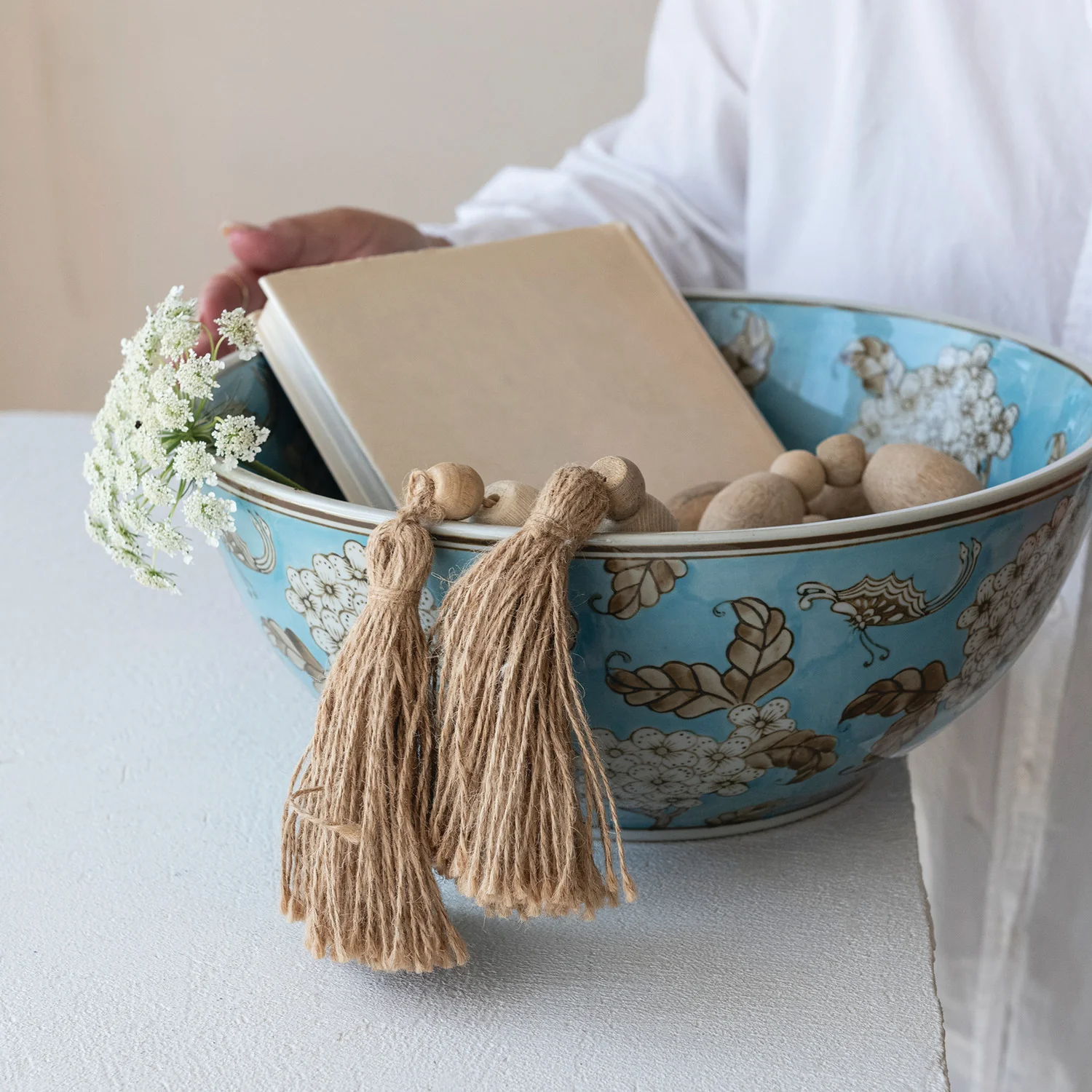 Hand-Painted Stoneware Serving Bowl with Cherry Blossoms. Blue. Brown & White - Image 2