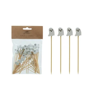 Ghost Shaped Bamboo Single Use Picks. Natural. White & Black. Set of 50